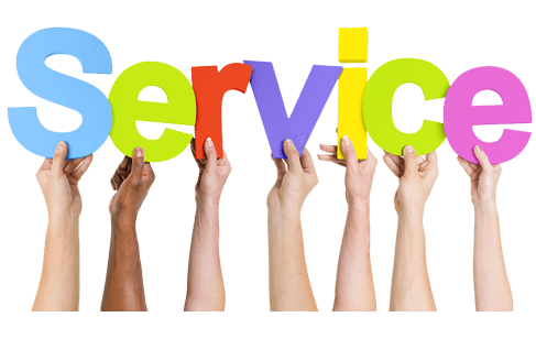 rainbow letter spelling out service with hands holding them up